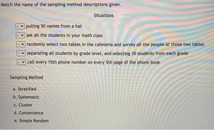 Match the name of the sampling method descriptions given.