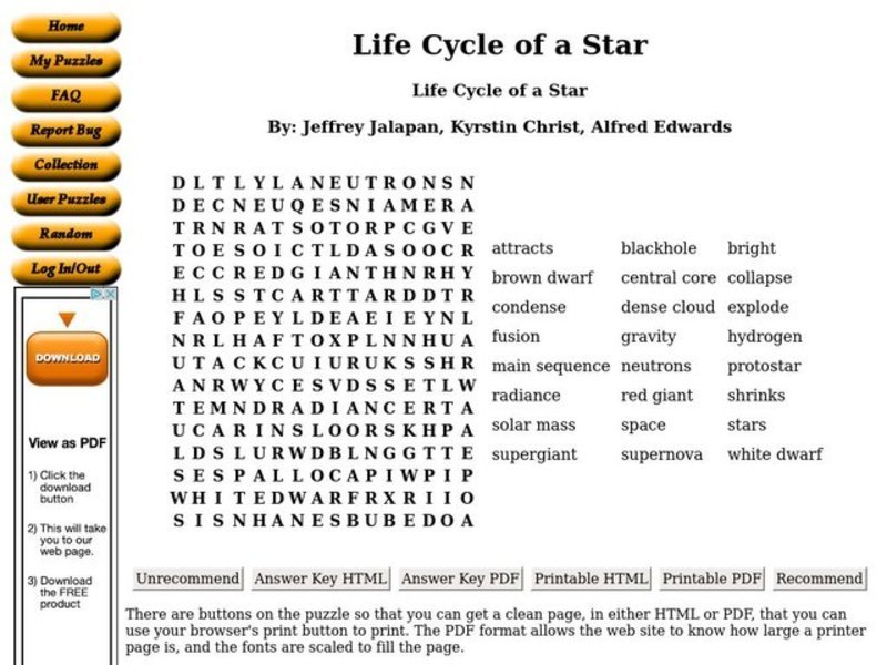 Life cycle of a star worksheet answers key